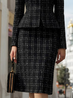 Plaid Peplum Jacket And Pencil Skirt Set