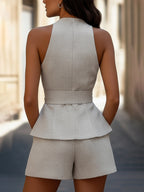 Belted Textured V-Neck Top And High-Waisted Shorts Set