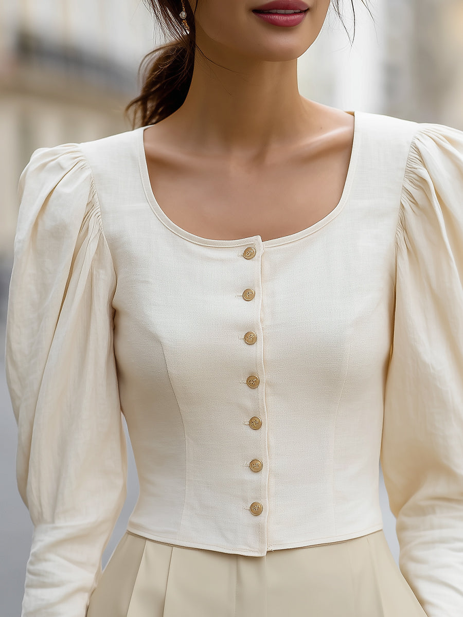 Romantic Puff-Sleeve Square-Neck Buttoned Blouse