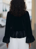 Round Neck Velvet Ruffle-Trim Blouse