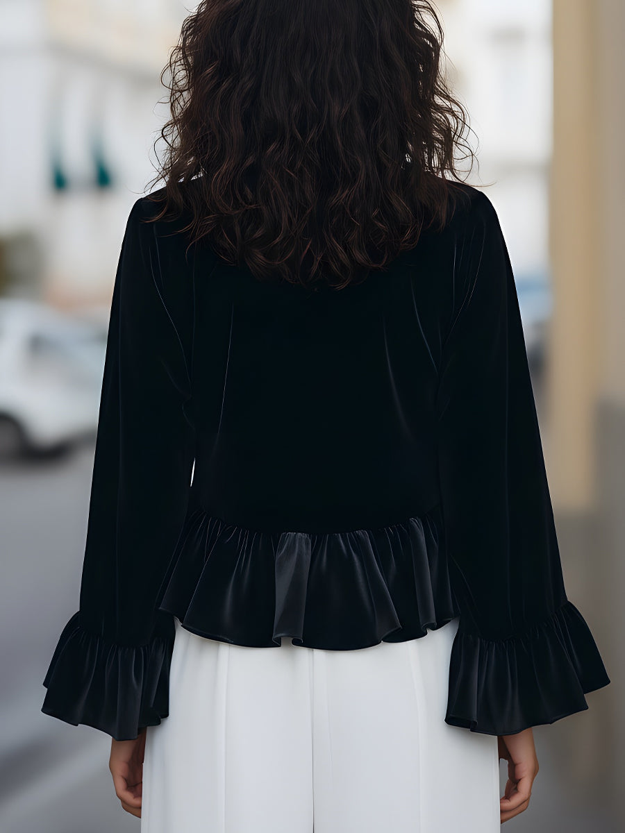 Round Neck Velvet Ruffle-Trim Blouse