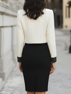 Two-Piece Polka-Dot Trim Tweed Jacket And Pencil Skirt Set