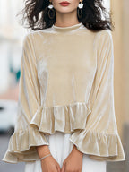 Round Neck Velvet Ruffle-Trim Blouse