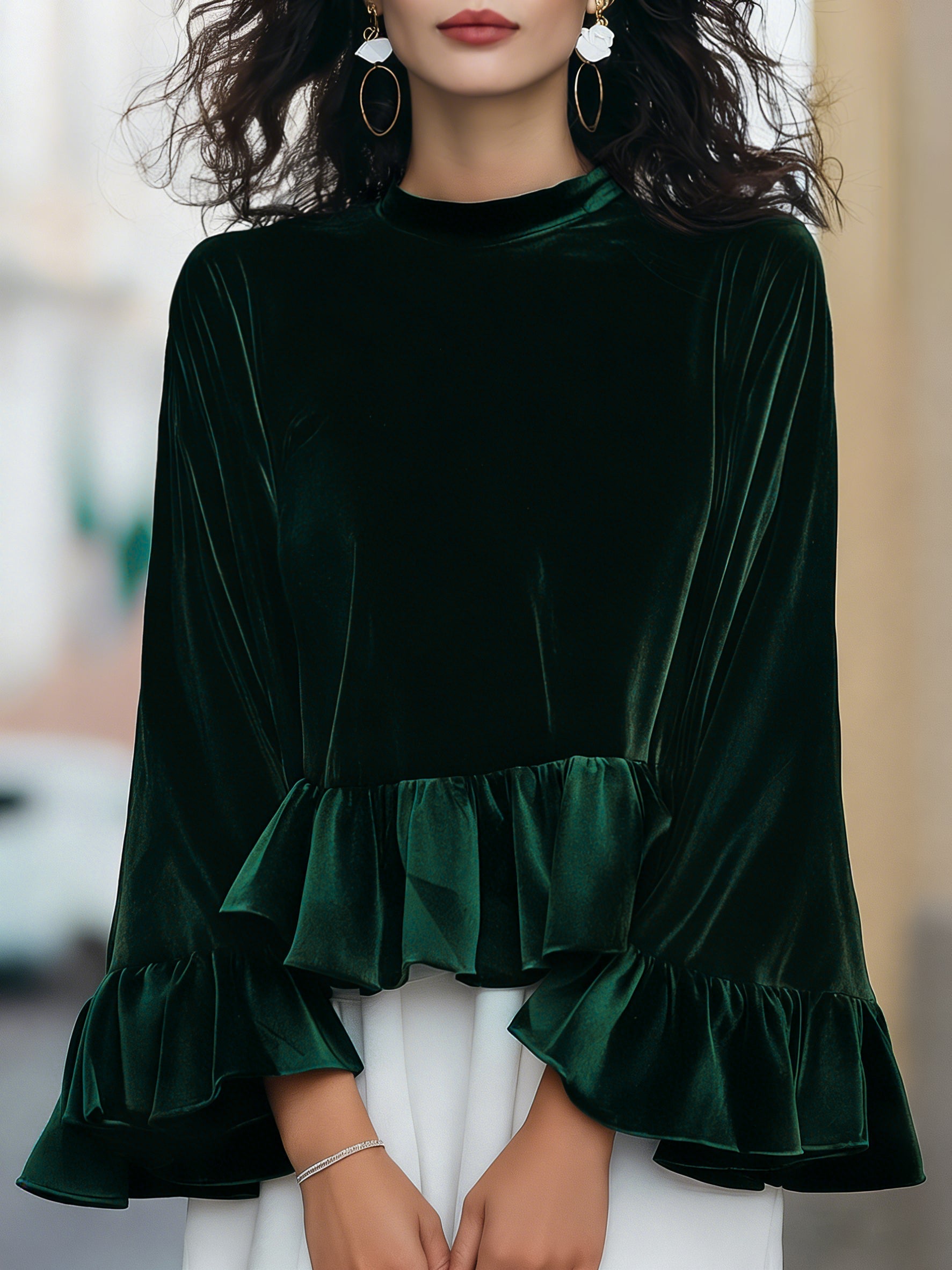 Round Neck Velvet Ruffle-Trim Blouse