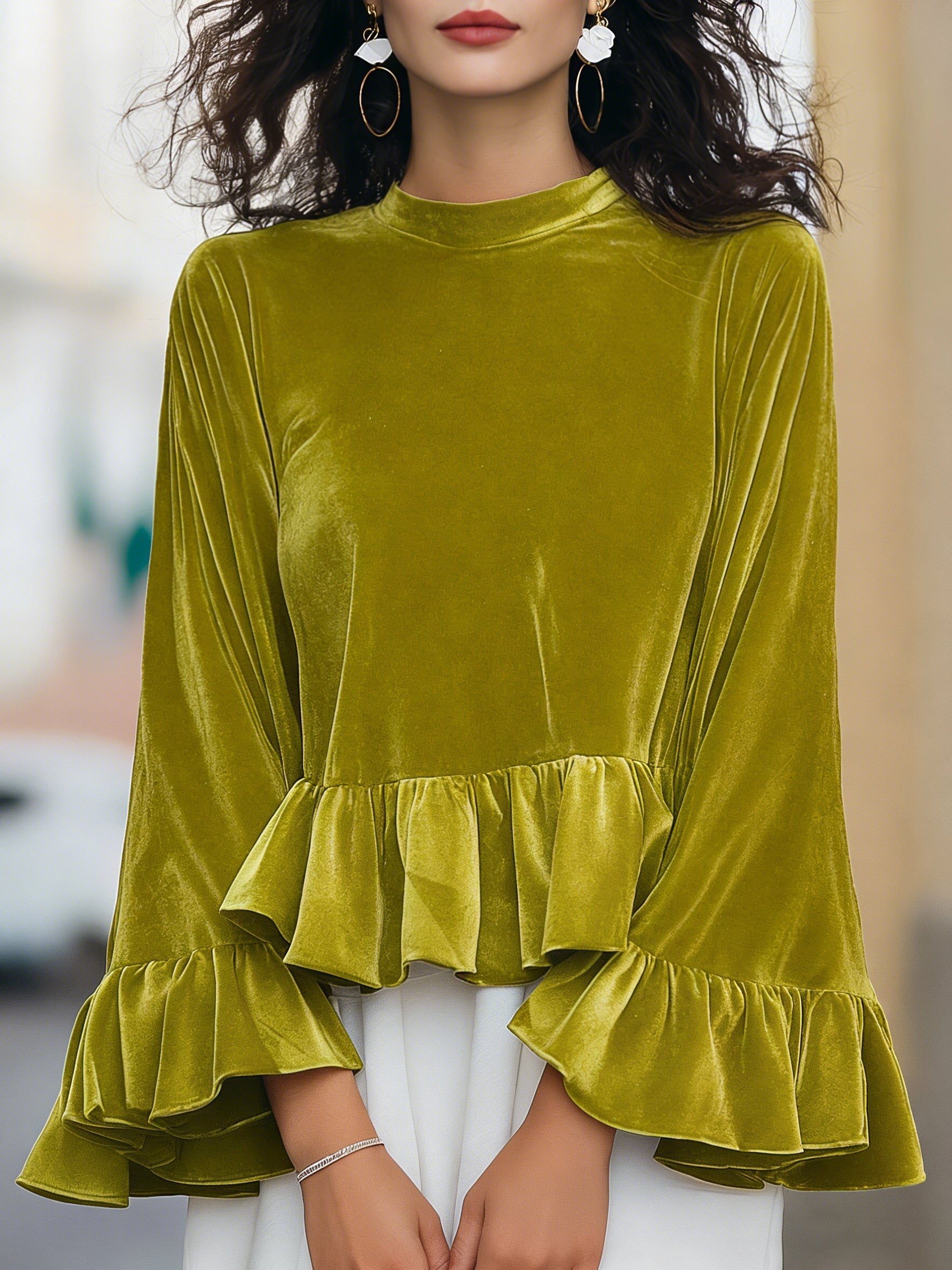 Round Neck Velvet Ruffle-Trim Blouse