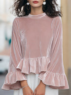Round Neck Velvet Ruffle-Trim Blouse