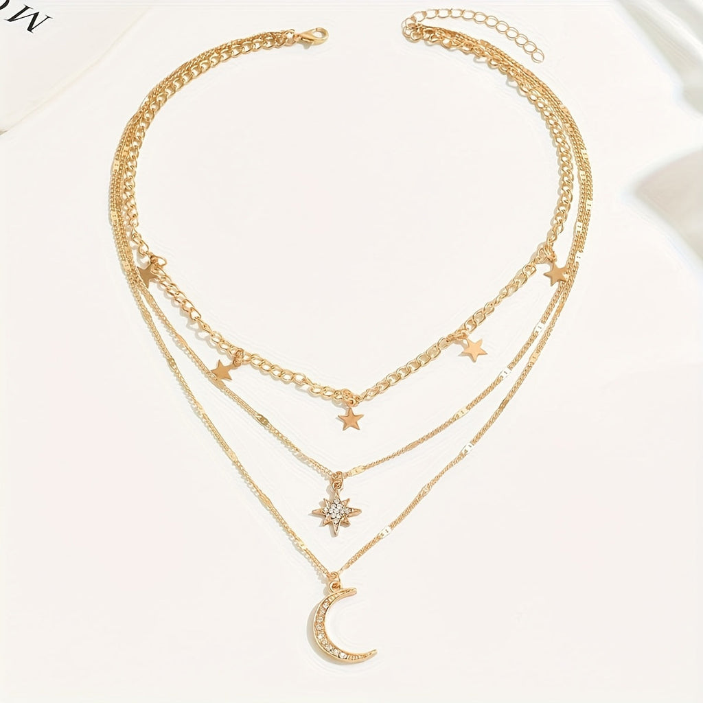 Rhea | Layered Boho Gold Necklace with Star & Moon Pendants
