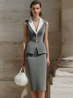 Sophisticated Contrast-Collar Sleeveless Blazer & Pencil Skirt Set