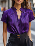 Satin Stripe Short-Sleeve Glossy Blouse with Wide Collar