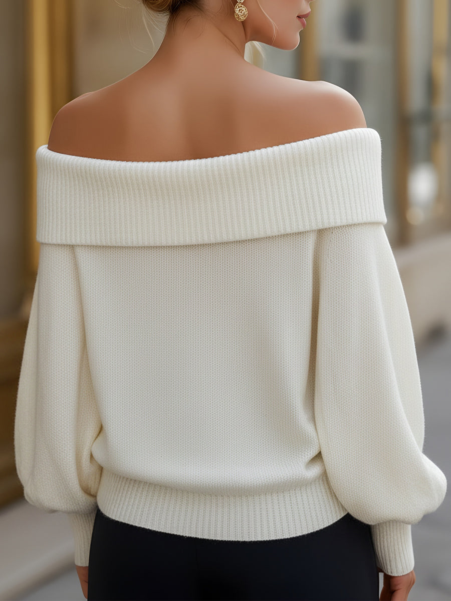 Off-Shoulder Knit Sweater With Folded Collar