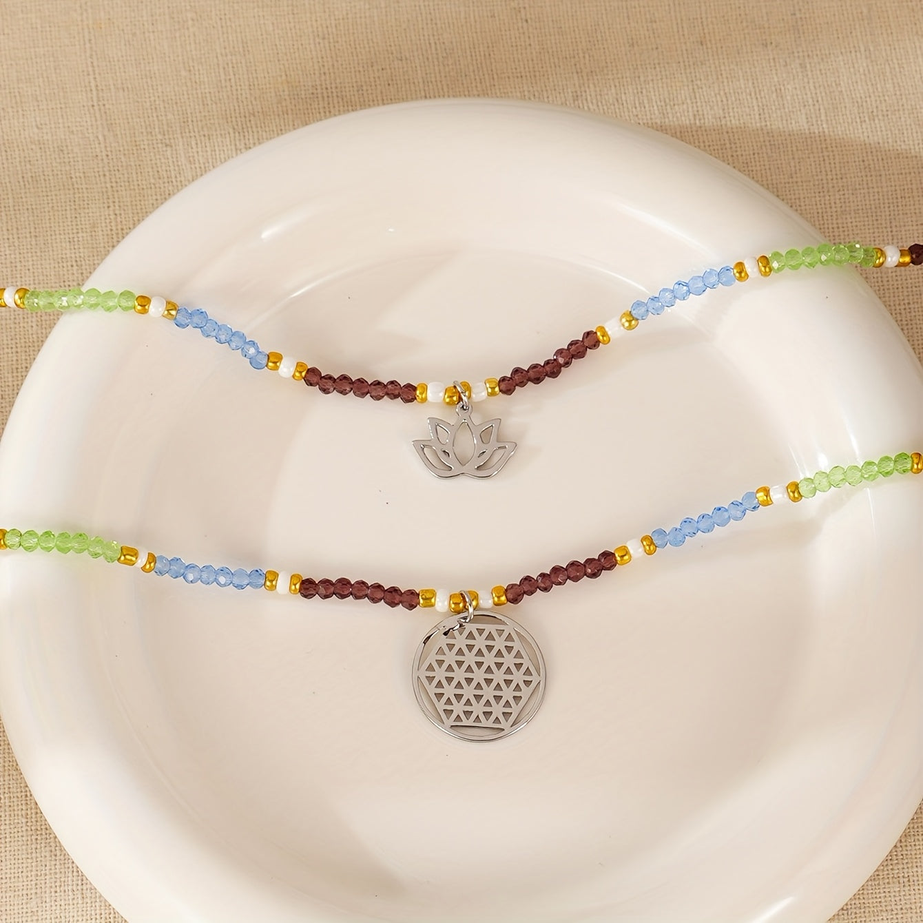 Freyana | Bohemian Beaded Lotus Pendant Necklace (Dual-Layer)