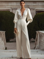 White Lace-Trimmed Jumpsuit With Puff Sleeves