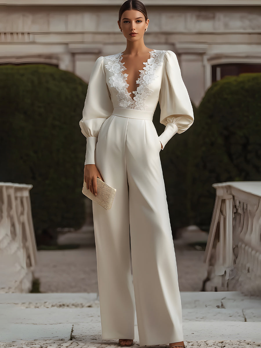 White Lace-Trimmed Jumpsuit With Puff Sleeves