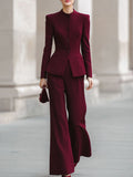 Burgundy Peplum Blazer And Wide-Leg Trouser Set