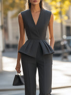 Sophisticated Sleeveless Peplum Jumpsuit In Charcoal Gray