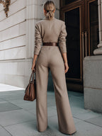 Taupe Belted Blazer Jumpsuit With Wide-Leg Silhouette