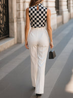 Monochrome Checkered Top & White Trousers Set