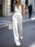 Elegant Satin Halter Jumpsuit With Adjustable Necklace-style Single Chain