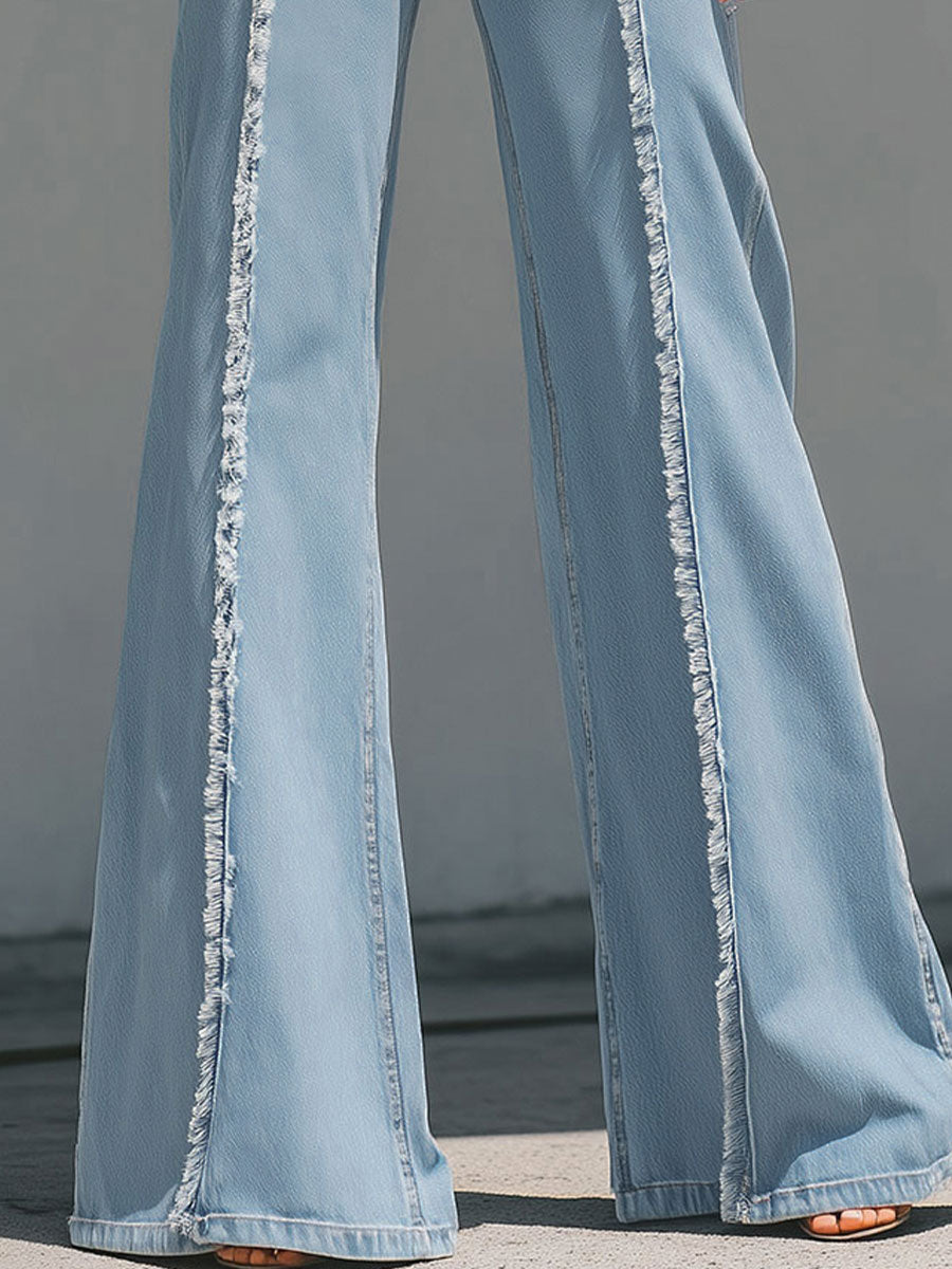 High-Waisted Light Blue Flared Jeans With Raw Edge Seams