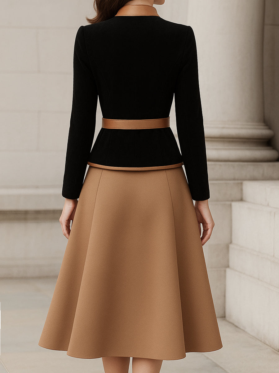 Two-Tone Trim Blazer And A-Line Midi Skirt Set