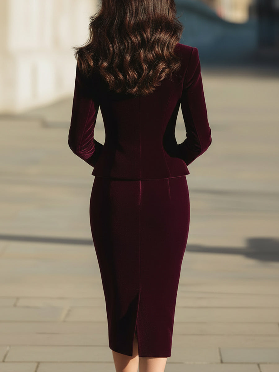 Elegant Velvet Peplum Blazer And Midi Skirt Set
