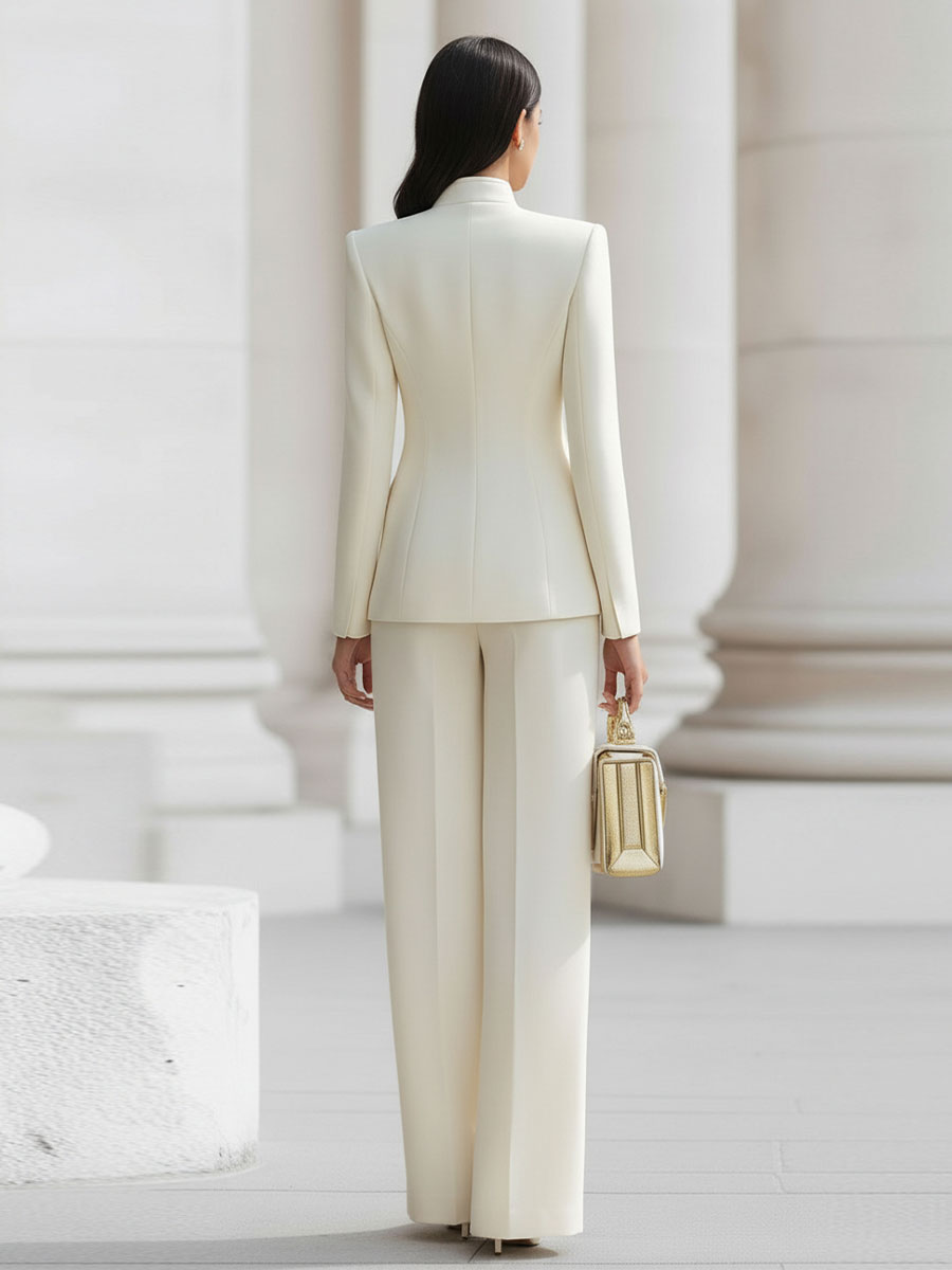 Elegant Cream Military-Inspired Tailored Suit Set With Gold Accents