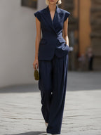 Mooyius Presents The Sleek Navy Sleeveless Blazer & Wide-Leg Trouser Set