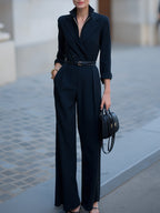 Double-Breasted Belted Jumpsuit With Wide-Leg Trousers