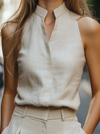 Minimalist High-Collar Sleeveless Linen Blouse