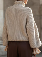 Cream Knit Turtleneck Sweater With Ruffled Cuffs