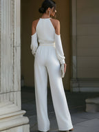 Halter Cold-Shoulder Wide-Leg Jumpsuit With Pearl Belt