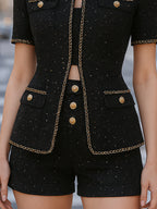 Elegant Tweed Shorts Set With Gold Chain Trim (Top And Shorts Only)