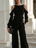 Cold-Shoulder Long Sleeve Wide-Leg Jumpsuit With Floral Waist Detail