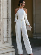 Halter Cold-Shoulder Wide-Leg Jumpsuit With Pearl Belt