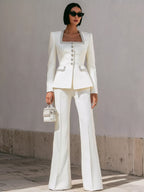 White Structured Suit With Embellished Trim And Sculpted Silhouette