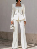 White Structured Suit With Embellished Trim And Sculpted Silhouette