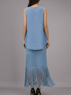 Stylish Denim Two-Piece Set With Asymmetrical Top And Fringed Skirt