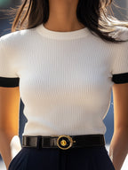 Elegant Ribbed White Knit Top with Black Accents