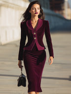 Elegant Velvet Peplum Blazer And Midi Skirt Set
