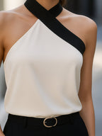 Contrast Trim Asymmetric Halter Neck Sleeveless Blouse
