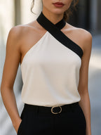 Contrast Trim Asymmetric Halter Neck Sleeveless Blouse