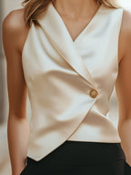 Asymmetric Satin Wrap Blouse with Gold Button