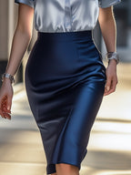 Satin Shirt and Navy Pencil Skirt Set for Modern Office Chic