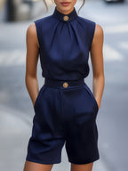 Pinstripe Sleeveless Blouse with Shorts Suit Set