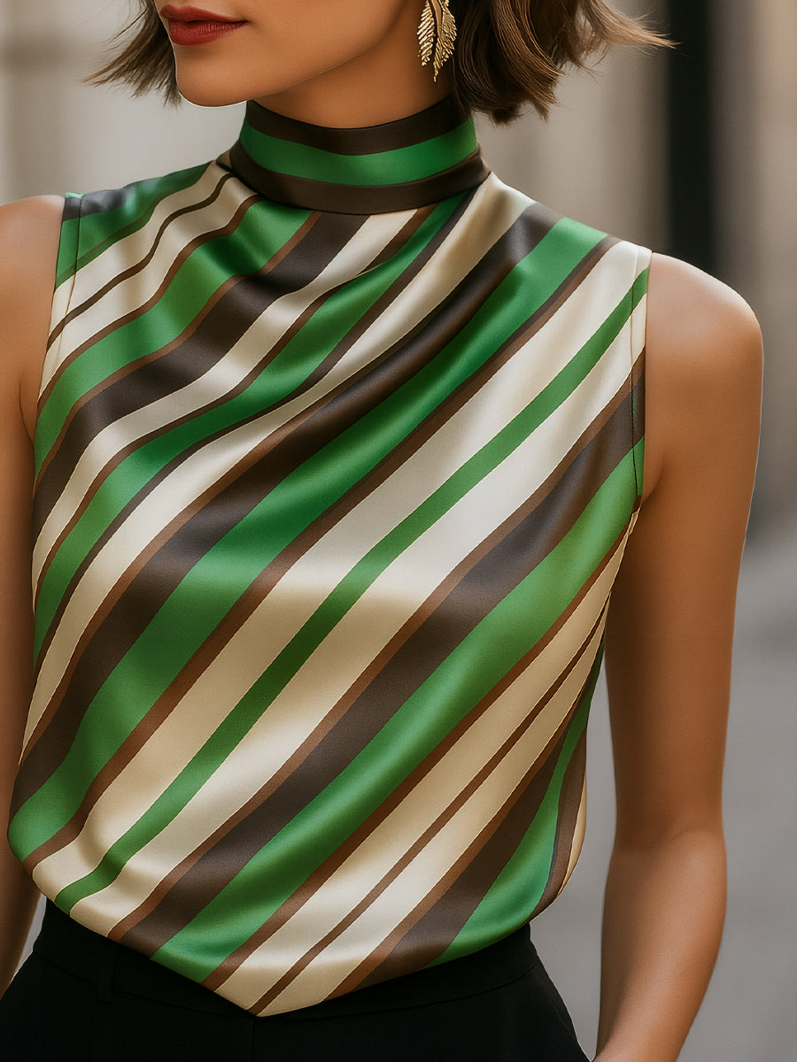 Striped Satin High-Neck Sleeveless Blouse