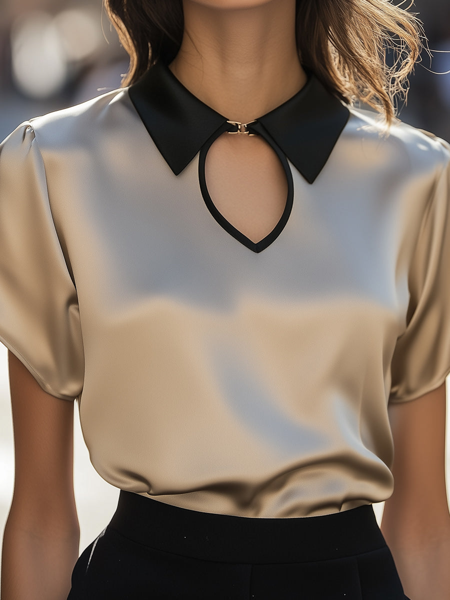 Contrast Collar Satin Keyhole Blouse