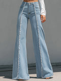 High-Waisted Light Blue Flared Jeans With Raw Edge Seams