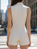 White Sleeveless Blazer Romper With Gold Trim
