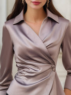 Satin Asymmetric Draped Wrap Blouse