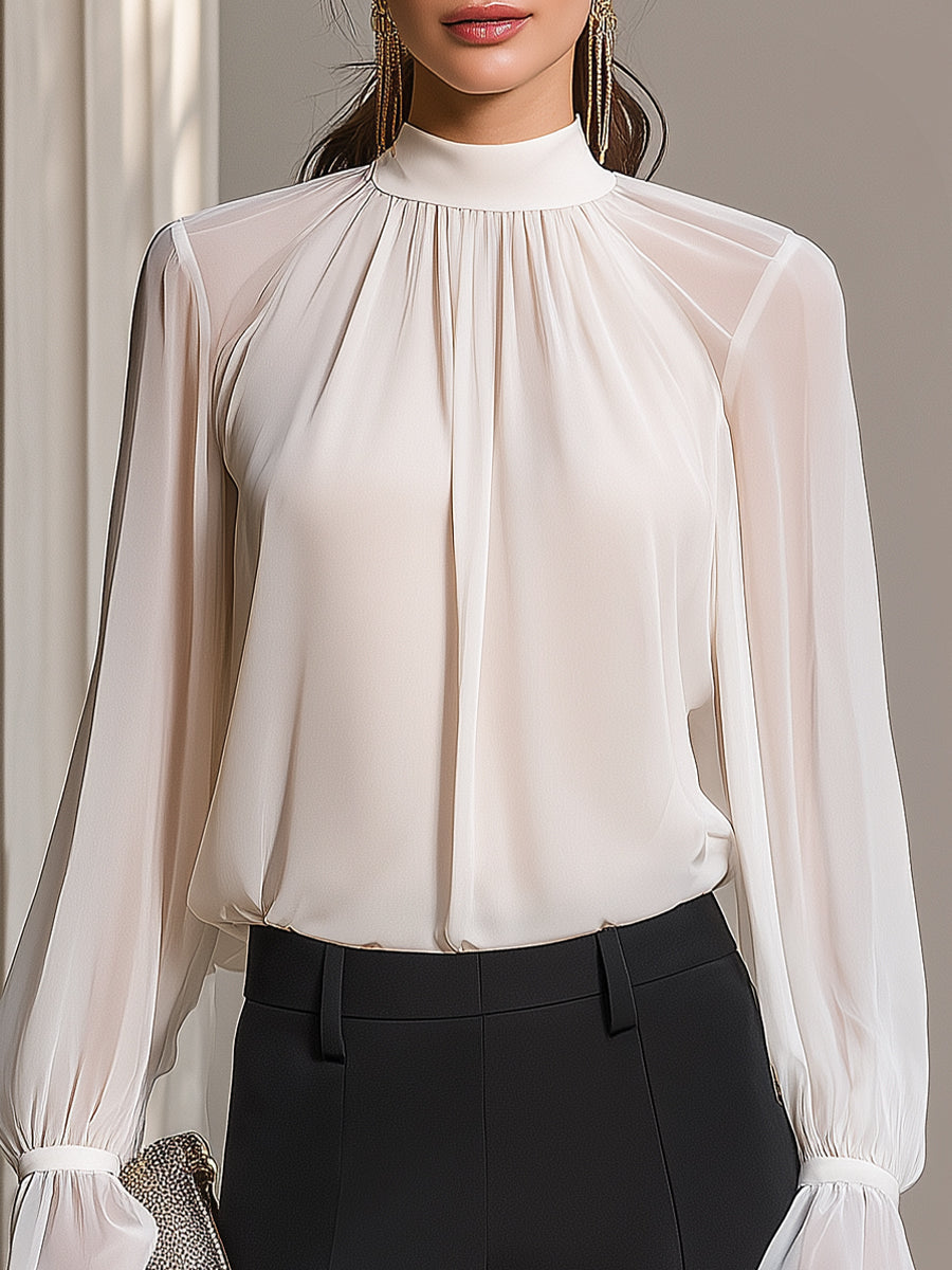 High-Neck Long-Sleeve Draped Blouse